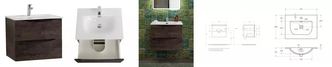 Тумба с раковиной «Belbagno» Marino-cer-n 60 с 2 ящиками (BB-8099-60 61/46) подвесная Rovere Nature Grigio