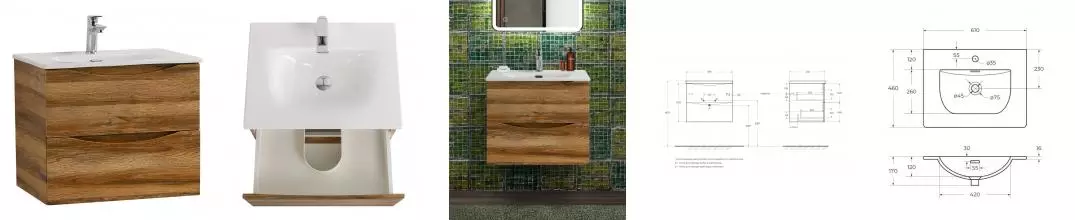 Тумба с раковиной «Belbagno» Marino-cer-n 60 с 2 ящиками (BB-8099-60 61/46) подвесная Rovere Rustico