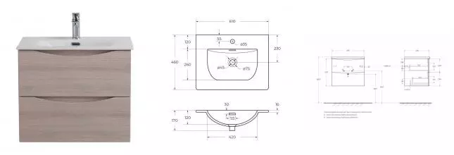 Тумба с раковиной «Belbagno» Marino-cer-n 60 с 2 ящиками (BB-8099-60 61/46) подвесная Rovere Grigio Тумба с раковиной «Belbagno» Marino-cer-n 60 с 2 ящиками (BB-8099-60 61/46) подвесная Rovere Grigio