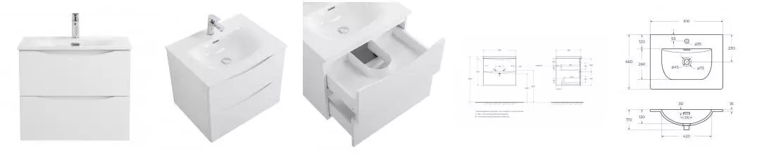 Тумба с раковиной «Belbagno» Marino-cer-n 60 с 2 ящиками (BB-8099-60 61/46) подвесная Bianco Opaco