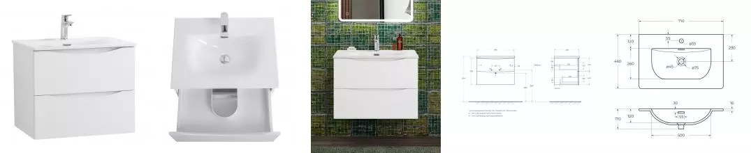 Тумба с раковиной «Belbagno» Marino-cer-n 70 с 2 ящиками (BB-8099-70 71/46) подвесная Bianco Lucido