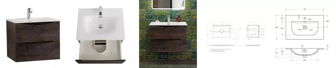Тумба с раковиной «Belbagno» Marino-cer-n 70 с 2 ящиками (BB-8099-70 71/46) подвесная Rovere Nature Grigio