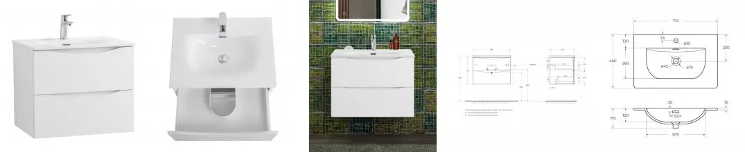 Тумба с раковиной «Belbagno» Marino-cer-n 70 с 2 ящиками (BB-8099-70 71/46) подвесная Bianco Opaco Тумба с раковиной «Belbagno» Marino-cer-n 70 с 2 ящиками (BB-8099-70 71/46) подвесная Bianco Opaco