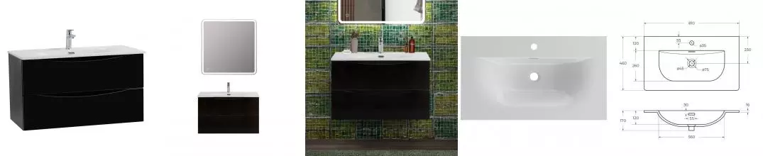 Тумба с раковиной «Belbagno» Marino-cer-n 80 с 2 ящиками (BB-8099-80 81/46) подвесная Nero Lucido