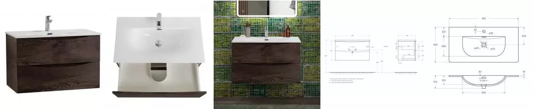 Тумба с раковиной «Belbagno» Marino-cer-n 90 с 2 ящиками (BB-8099-90 91/46) подвесная Rovere Nature Grigio