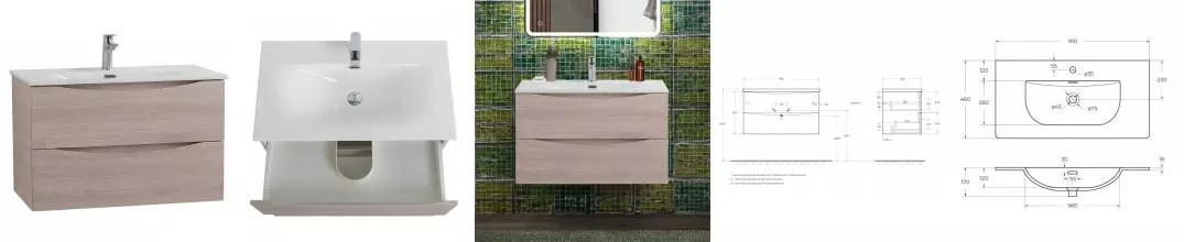 Тумба с раковиной «Belbagno» Marino-cer-n 90 с 2 ящиками (BB-8099-90 91/46) подвесная Rovere Grigio
