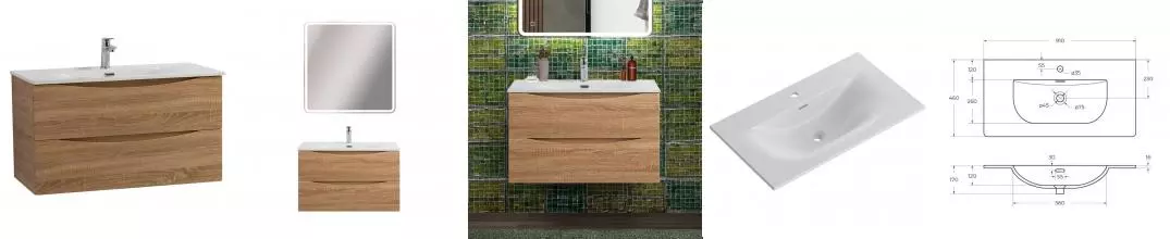 Тумба с раковиной «Belbagno» Marino-cer-n 90 с 2 ящиками (BB-8099-90 91/46) подвесная Rovere Bianco