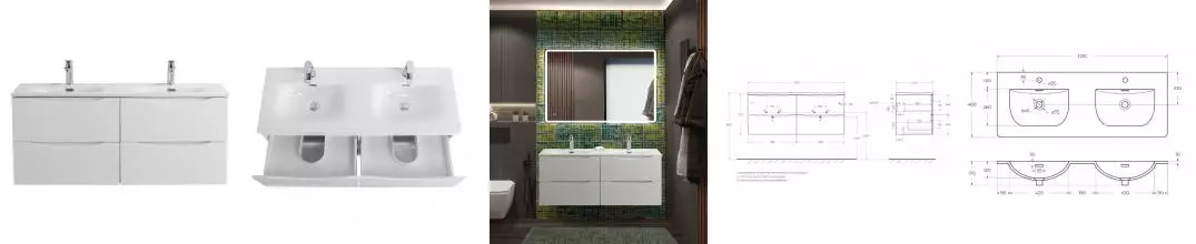 Тумба с раковиной «Belbagno» Marino-cer-n 120 (BB-8099-120-2 121/46 двойная) подвесная Bianco Lucido Тумба с раковиной «Belbagno» Marino-cer-n 120 (BB-8099-120-2 121/46 двойная) подвесная Bianco Lucido