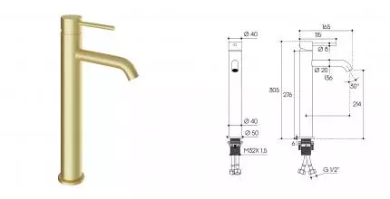 Смеситель для раковины «Aqueduto» Cano CAN0350 шлифованное золото Смеситель для раковины «Aqueduto» Cano CAN0350 шлифованное золото