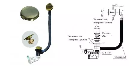 Сифон для ванны слив-перелив «Radomir» с сеточкой бронза Клик-клак Сифон для ванны слив-перелив «Radomir» с сеточкой бронза Клик-клак