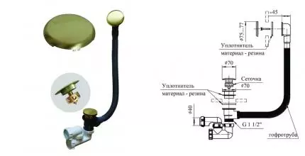 Сифон для ванны слив-перелив «Radomir» с сеточкой золото Клик-клак Сифон для ванны слив-перелив «Radomir» с сеточкой золото Клик-клак