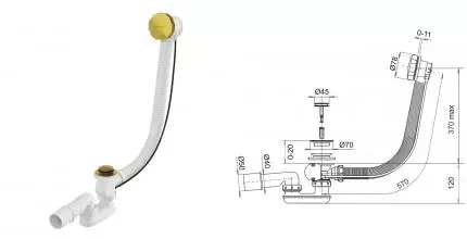 Сифон для ванны слив-перелив «Whitecross» SPWC60GLB перелив 57 см брашированное золото полуавтомат