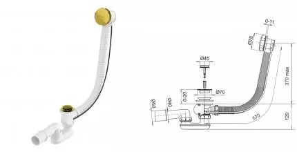 Сифон для ванны слив-перелив «Whitecross» SPWC60GL перелив 57 см золото полуавтомат