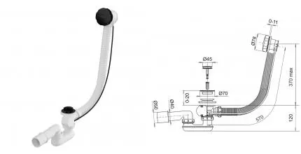 Сифон для ванны слив-перелив «Whitecross» SPWC60BL перелив 57 см чёрный матовый полуавтомат Сифон для ванны слив-перелив «Whitecross» SPWC60BL перелив 57 см чёрный матовый полуавтомат