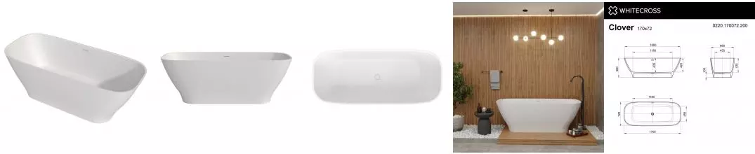 Ванна из искусственного камня «Whitecross» Clover 170/72 с сифоном белая матовая