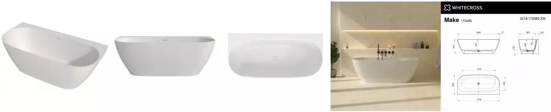 Ванна из искусственного камня «Whitecross» Make 170/80 с сифоном белая матовая