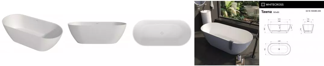 Ванна из искусственного камня «Whitecross» Tawna 165/80 с сифоном белая матовая Ванна из искусственного камня «Whitecross» Tawna 165/80 с сифоном белая матовая