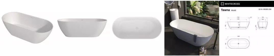 Ванна из искусственного камня «Whitecross» Tawna 180/80 с сифоном белая матовая Ванна из искусственного камня «Whitecross» Tawna 180/80 с сифоном белая матовая