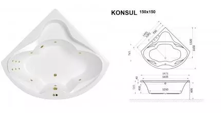 Гидромассажная ванна акриловая «Whitecross» Konsul 150/150 Line с каркасом с сифоном белая/золото