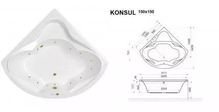 Гидромассажная ванна акриловая «Whitecross» Konsul 150/150 Nano с каркасом с сифоном белая/золото