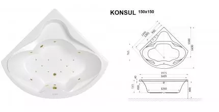 Гидромассажная ванна акриловая «Whitecross» Konsul 150/150 Relax с каркасом с сифоном белая/золото