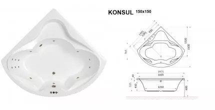 Гидромассажная ванна акриловая «Whitecross» Konsul 150/150 Smart с каркасом с сифоном белая/бронза
