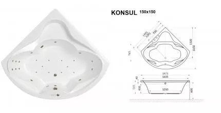 Гидромассажная ванна акриловая «Whitecross» Konsul 150/150 Ultra с каркасом с сифоном белая/бронза