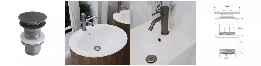 Донный клапан для раковины «Aqueduto» Ralo RAL0245 с механизмом Клик-Клак оружейная сталь