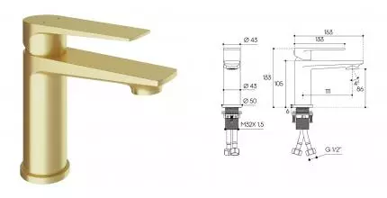 Смеситель для раковины «Aqueduto» Linha  LIN0150 (S) шлифованное золото Смеситель для раковины «Aqueduto» Linha  LIN0150 (S) шлифованное золото