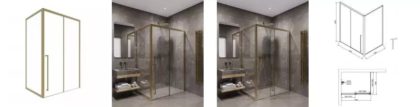 Душевой угол-ограждение «Timo» T53L+T63 130/100 прозрачный/матовое золото прямоугольный без поддона левый