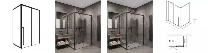 Душевой угол-ограждение «Timo» T57L+T65 130/100 прозрачный/черный прямоугольный без поддона левый