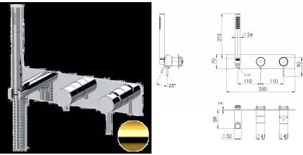Смеситель для скрытого монтажа «Remer» X-style X97D3WBDO с термостатом золото глянцевое