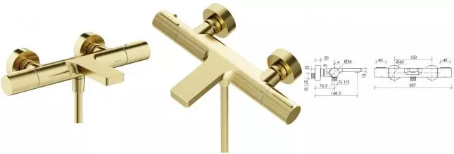 Смеситель для ванны с душем «Sancos» Etna SC9006BG с термостатом брашированное золото Смеситель для ванны с душем «Sancos» Etna SC9006BG с термостатом брашированное золото