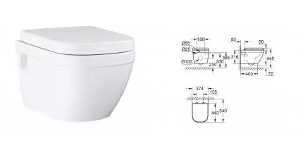 Подвесной унитаз безободковый «Grohe» Euro Ceramic 39703000 альпин-белый матовый с сиденьем дюропласт с микролифтом Подвесной унитаз безободковый «Grohe» Euro Ceramic 39703000 альпин-белый матовый с сиденьем дюропласт с микролифтом