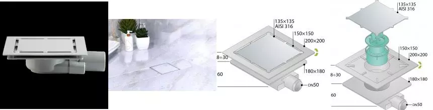 Трап 115х115 мм, решётка под плитку, горизонтальный выход OMP Tea Tirana Unseen 9977.798.9, шт 2665.698.8 · Remer, 2665.698.8