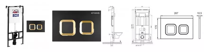 Инсталляция для унитаза с кнопкой «Bettoserb» Sava Slim Superior SES40006489 клавиша смыва Smart чёрная матовая/золото глянец Инсталляция для унитаза с кнопкой «Bettoserb» Sava Slim Superior SES40006489 клавиша смыва Smart чёрная матовая/золото глянец