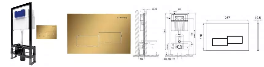 Инсталляция для унитаза с кнопкой «Bettoserb» Sava Free Standing SFS40006483 клавиша смыва Bricks золото матовое