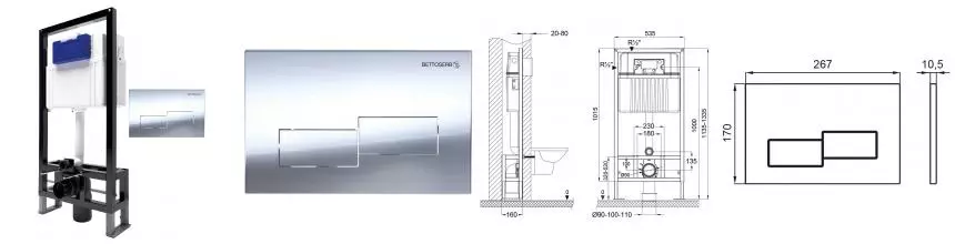 Инсталляция для унитаза с кнопкой «Bettoserb» Sava Free Standing SFS40006482 клавиша смыва Bricks хром глянец