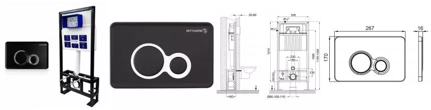 Инсталляция для унитаза с кнопкой «Bettoserb» Sava Free Standing SFS40006461 клавиша смыва Duo чёрная матовая/хром глянец Инсталляция для унитаза с кнопкой «Bettoserb» Sava Free Standing SFS40006461 клавиша смыва Duo чёрная матовая/хром глянец