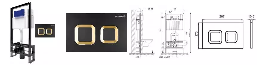 Инсталляция для унитаза с кнопкой «Bettoserb» Sava Free Standing SFS40006489 клавиша смыва Smart чёрная матовая/золото глянец