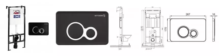 Инсталляция для унитаза с кнопкой «Bettoserb» Sava Slim Superior SES40006461 клавиша смыва Duo чёрная матовая/хром матовый Инсталляция для унитаза с кнопкой «Bettoserb» Sava Slim Superior SES40006461 клавиша смыва Duo чёрная матовая/хром матовый