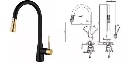 Смеситель для кухонной мойки «D&K» Rhein.Schiller DA1462517A с выдвижным изливом чёрный/золото Смеситель для кухонной мойки «D&K» Rhein.Schiller DA1462517A с выдвижным изливом чёрный/золото
