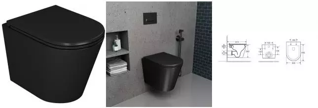 Подвесной унитаз безободковый «D&K» Venice DT1026025 чёрный с сиденьем дюропласт с микролифтом чёрное