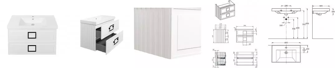 Тумба с раковиной «La Fenice» Cubo Twin 80 (Cubo 80) подвесная Bianco ручки Nero