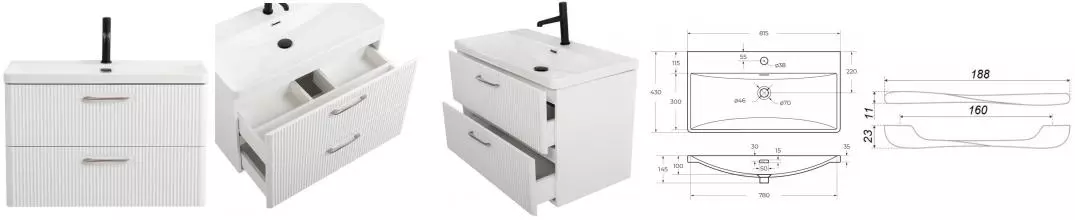 Тумба с раковиной «Belbagno» Due 80 с ручками (BB-8076-3-80) подвесная Bianco Lucido