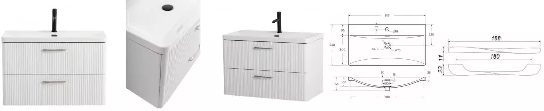 Тумба с раковиной «Belbagno» Due 80 с ручками (BB-8076-3-80) подвесная белая металлик