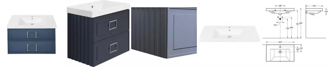 Тумба с раковиной «La Fenice» Cubo Twin 80 (Cubo 80) подвесная Blu Grigio ручки Cromo