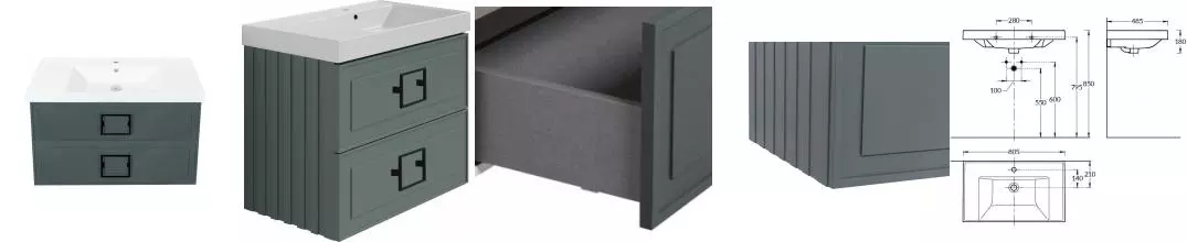 Тумба с раковиной «La Fenice» Cubo Twin 80 (Cubo 80) подвесная Grigio ручки Nero