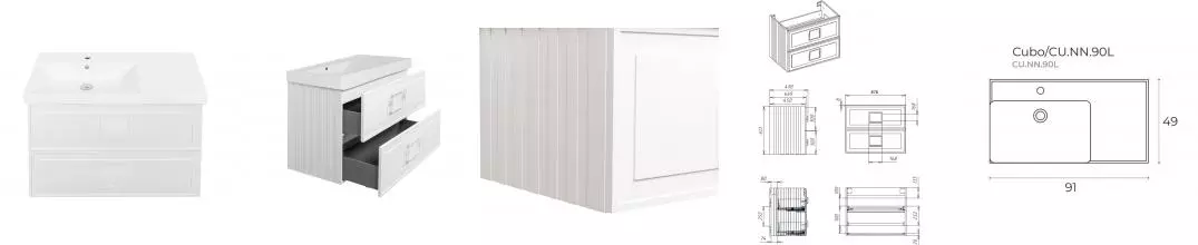 Тумба с раковиной «La Fenice» Cubo Twin 90 (Cubo 90 левая) подвесная Bianco ручки Bianco