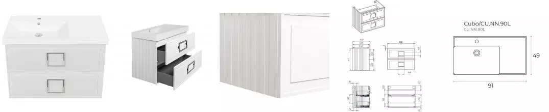 Тумба с раковиной «La Fenice» Cubo Twin 90 (Cubo 90 левая) подвесная Bianco ручки Cromo